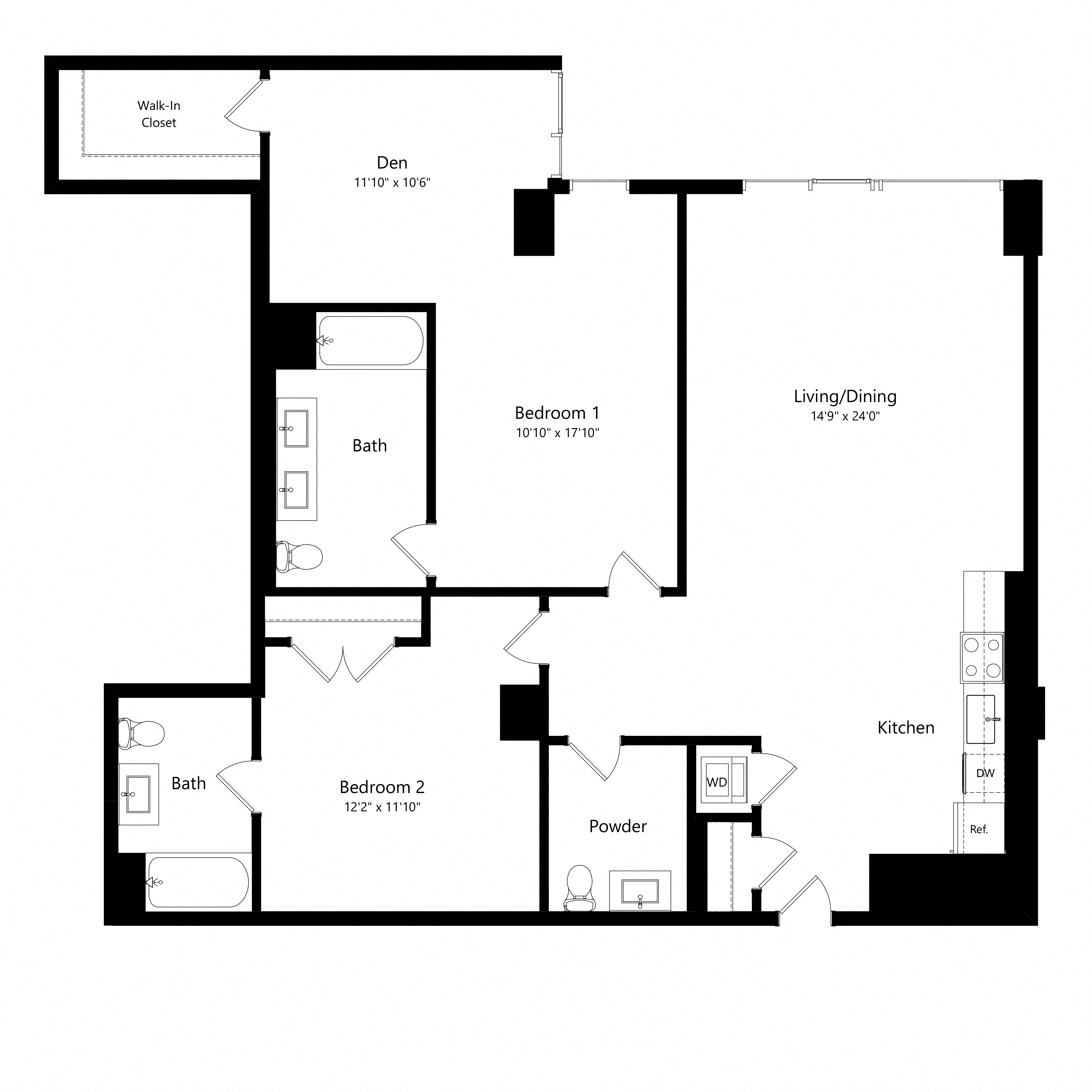 Floor plan for 2 beds, 2.5 baths, 1305 sqft